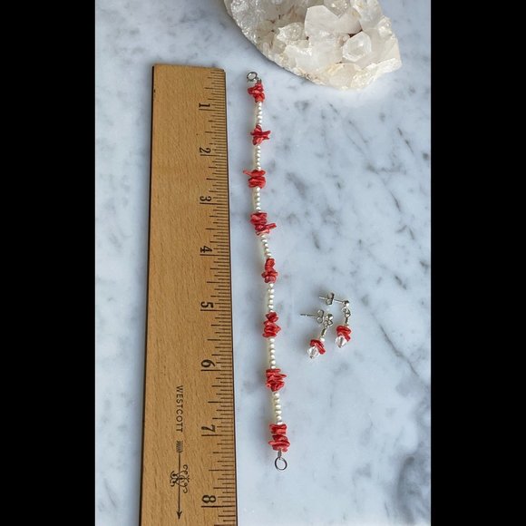Tiny Potato Pearls w/ Small Vintage Red Coral Branches Bracelet & Earring Set - Picture 5 of 6